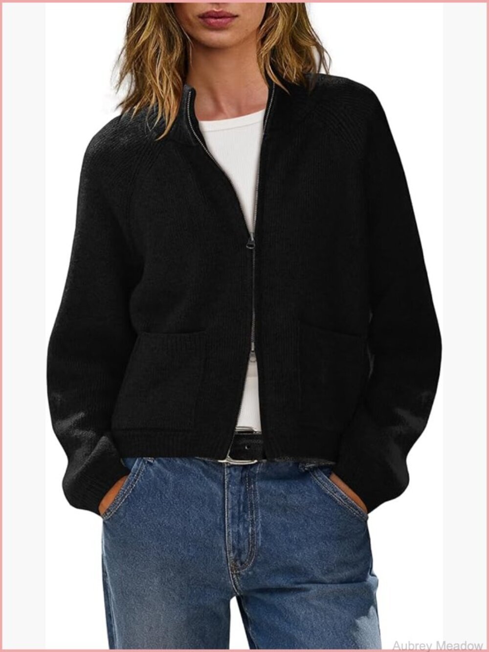 Oversized Cable Knit Zip Up Cardigan with Pockets Turtleneck
